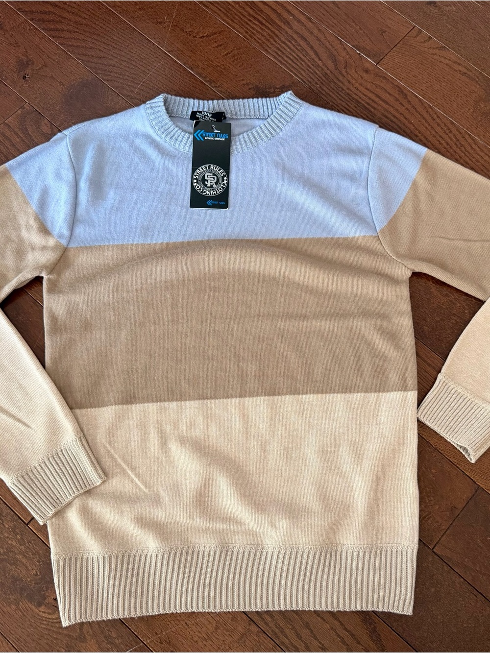 Boys Size 10/12 Colorblock Crewneck Sweater in Light Blue and Beige - Soft Knit